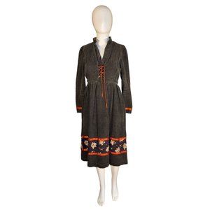 Vintage Hippie Dress by Trivia Corduroy Dress Midi Deep V 1970s